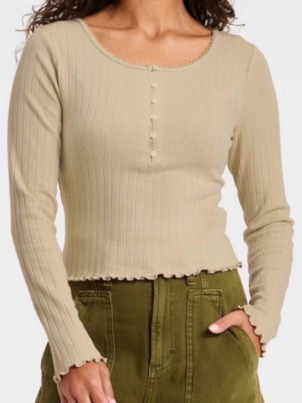 Universal Thread Womens XL Henley Shirt Pointelle Knit Tan Long Sleeves Fitted